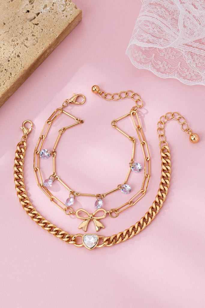 Bow & Crystal Heart Charm Layered Bracelet Set | 80B1628