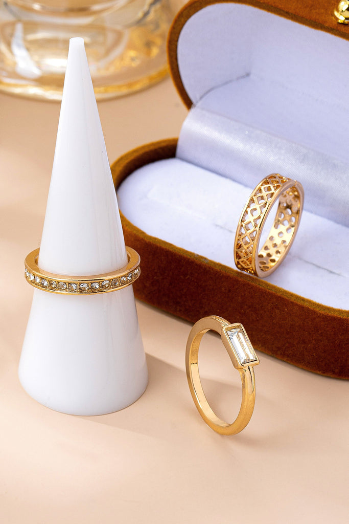 Gold Textured & Crystal Stacking Ring Trio | 80R154