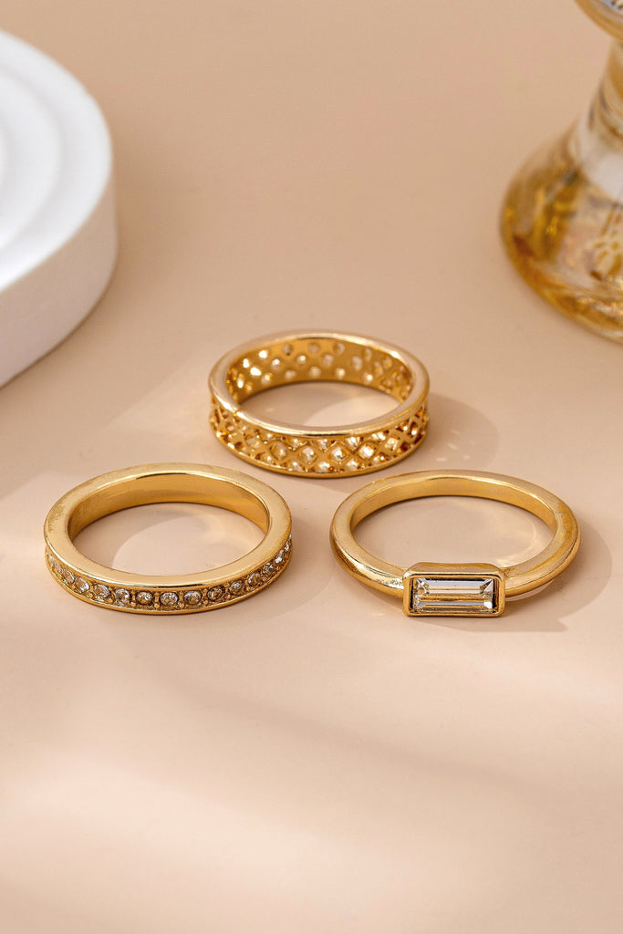Gold Textured & Crystal Stacking Ring Trio | 80R154