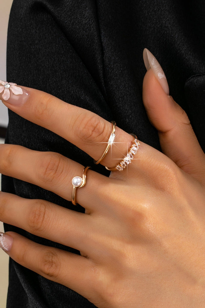 Pearl & Crystal Delicate Gold Ring Trio | 80R159