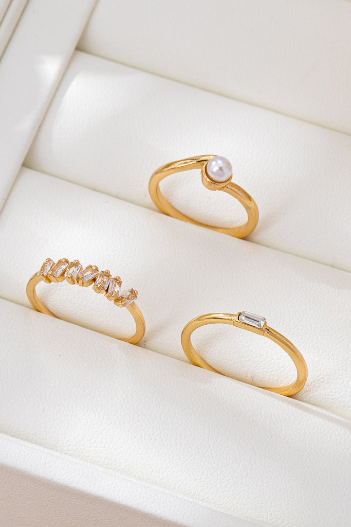 Pearl & Crystal Delicate Gold Ring Trio | 80R159