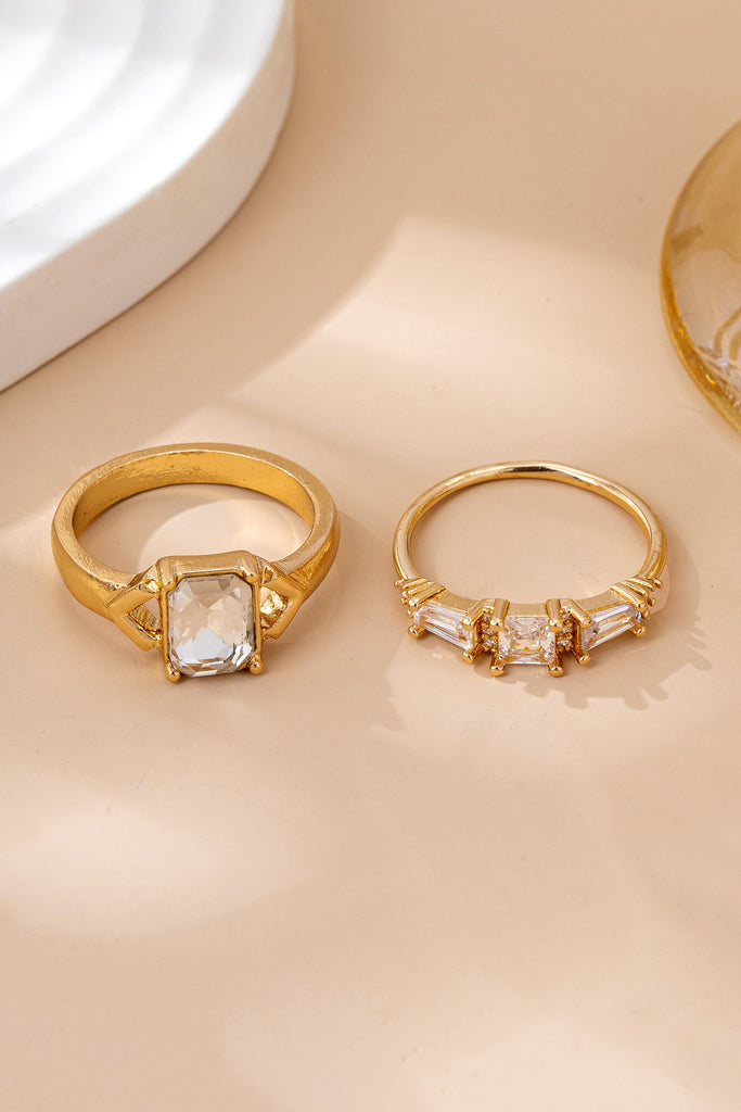 Gold-Tone Emerald-Cut Crystal Statement Ring Duo | 80R180