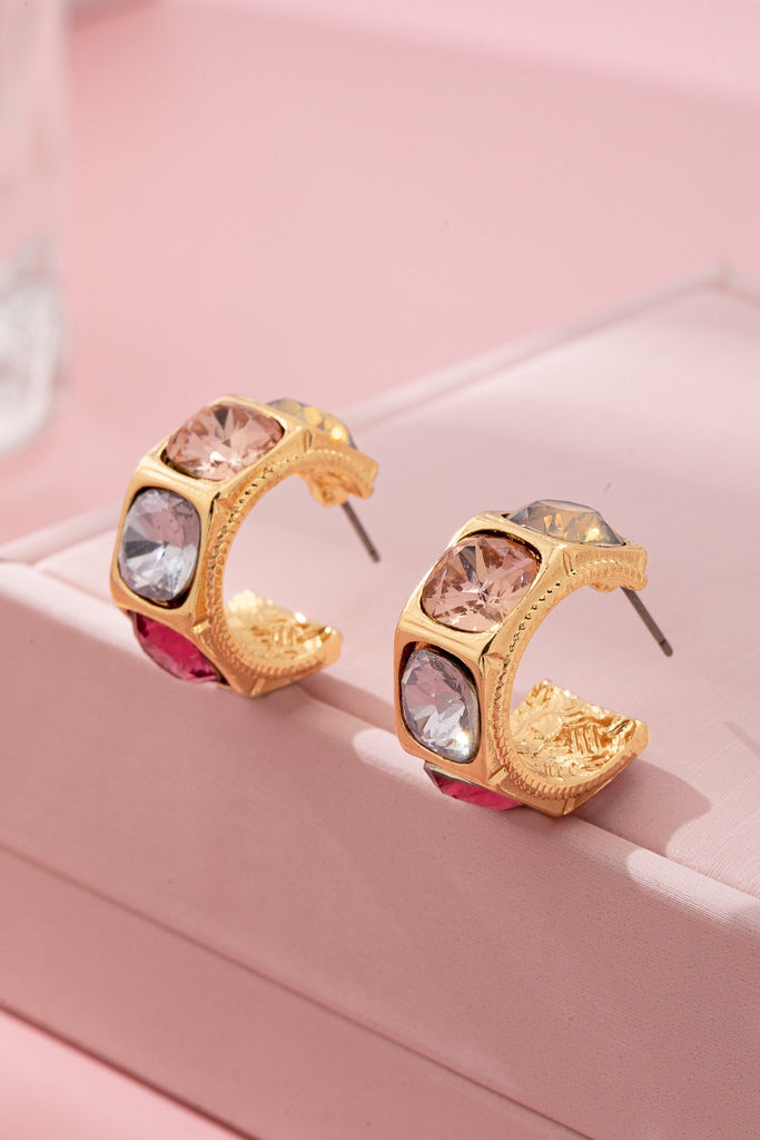 Gold-Tone Multi Color Gem Crystal Hoop Earrings | 80E61876