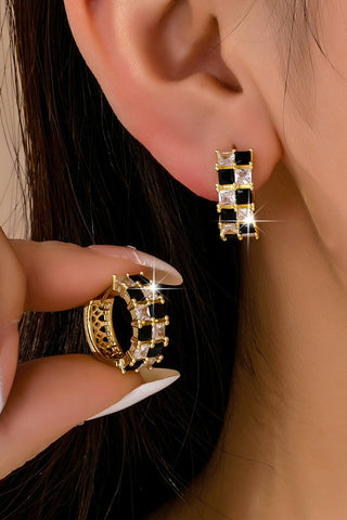Checker Black & Crystal Baguette Hoop Earrings | 80E61892