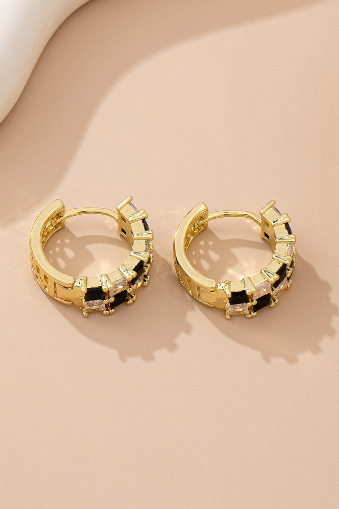 Checker Black & Crystal Baguette Hoop Earrings | 80E61892