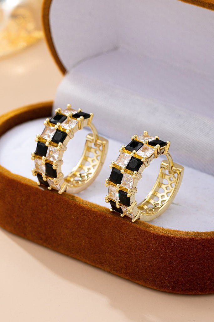 Checker Black & Crystal Baguette Hoop Earrings | 80E61892