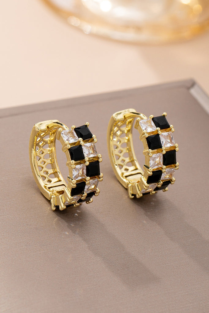 Checker Black & Crystal Baguette Hoop Earrings | 80E61892