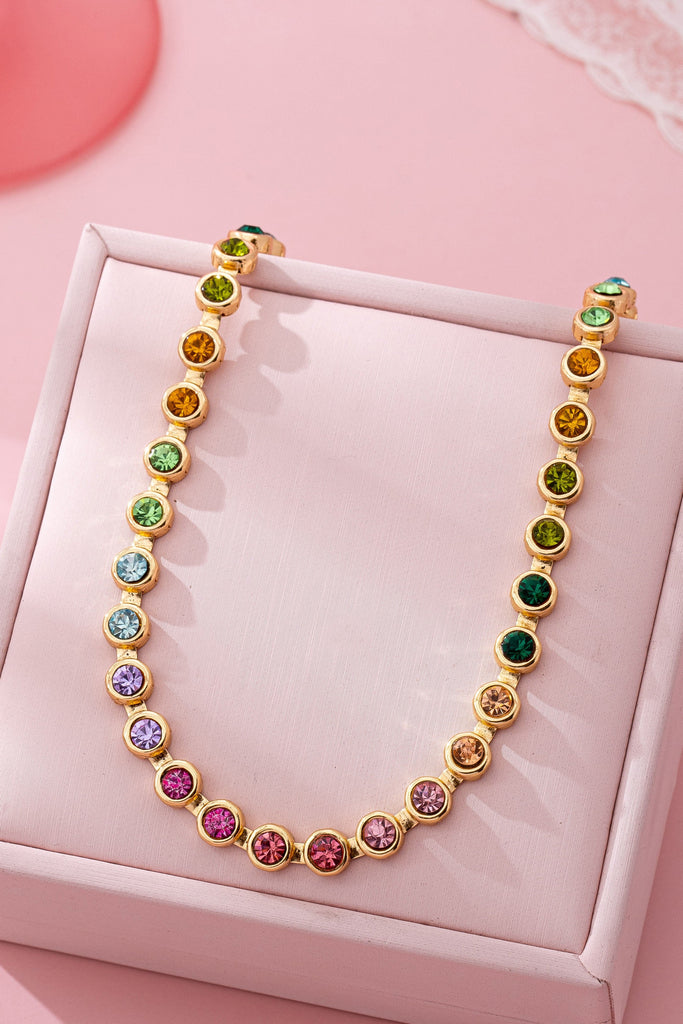 Rainbow Bezel-Set Gemstone Tennis Necklace | 80N92827