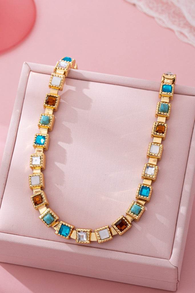 Multicolor Square Gemstone Long Necklace | 80N92826