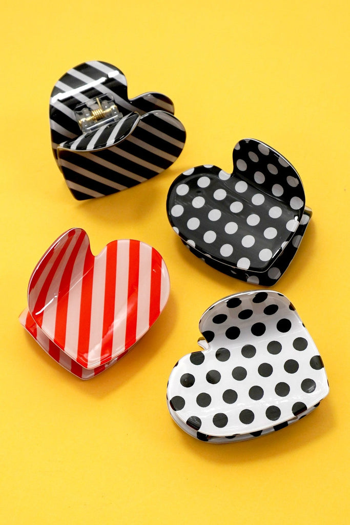 Polka Dot & Striped Heart Hair Claw Clips | 40H1053