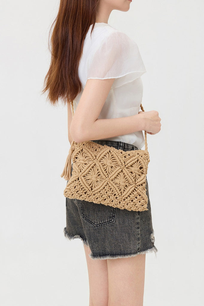 Woven Macrame Tassel Crochet Crossbody Handbag | 40P601