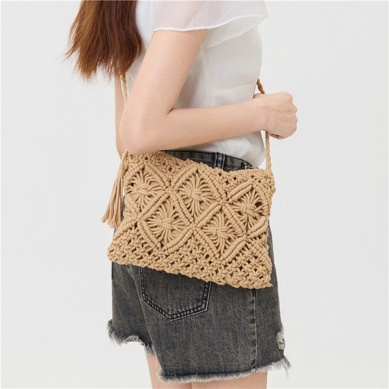 Woven Macrame Tassel Crochet Crossbody Handbag | 40P601
