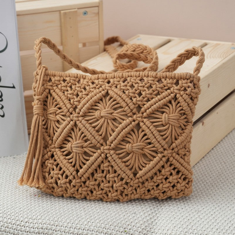 Woven Macrame Tassel Crochet Crossbody Handbag | 40P601