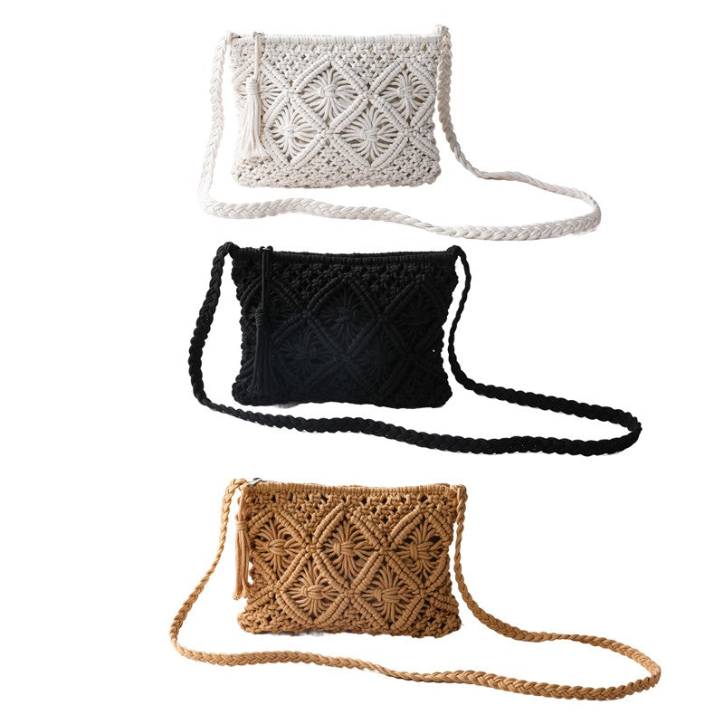 Woven Macrame Tassel Crochet Crossbody Handbag | 40P601