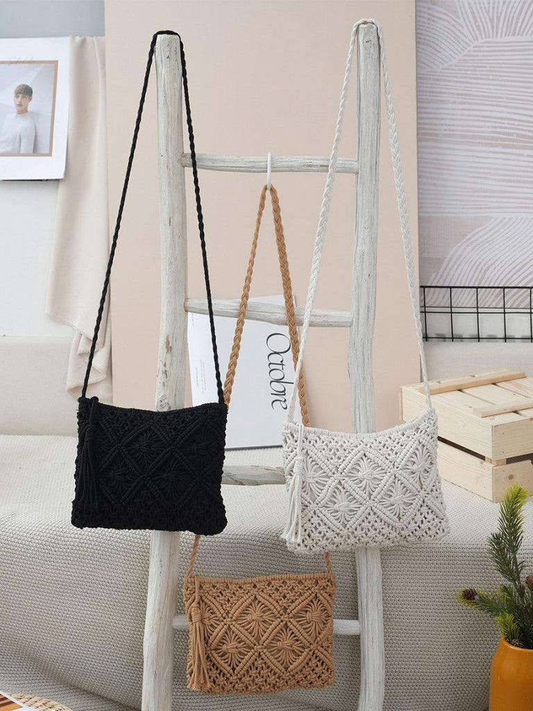 Woven Macrame Tassel Crochet Crossbody Handbag | 40P601