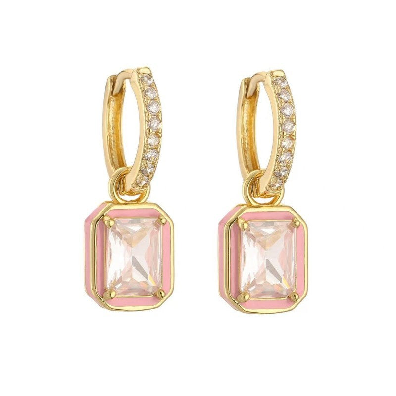 Enamel & Emerald-Cut Crystal Huggie Drop Earrings | 40E475