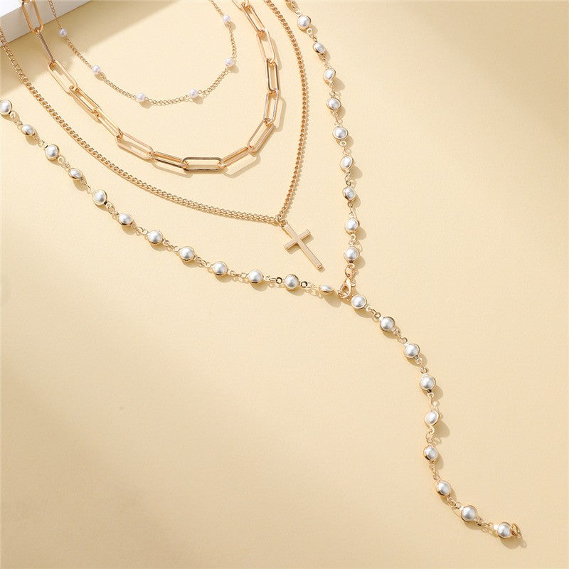 Layered Gold & Pearl Cross Statement Necklace Set | 40NK9673