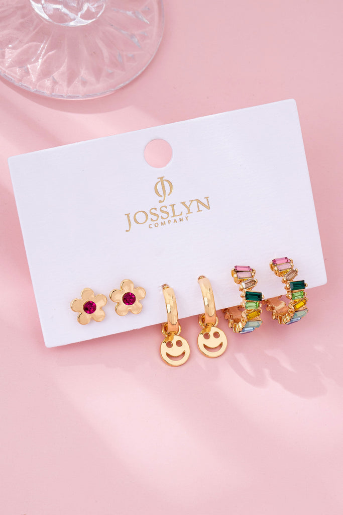 Rainbow Crystal, Smiley, and Floral Trio Earrings | 80E62109