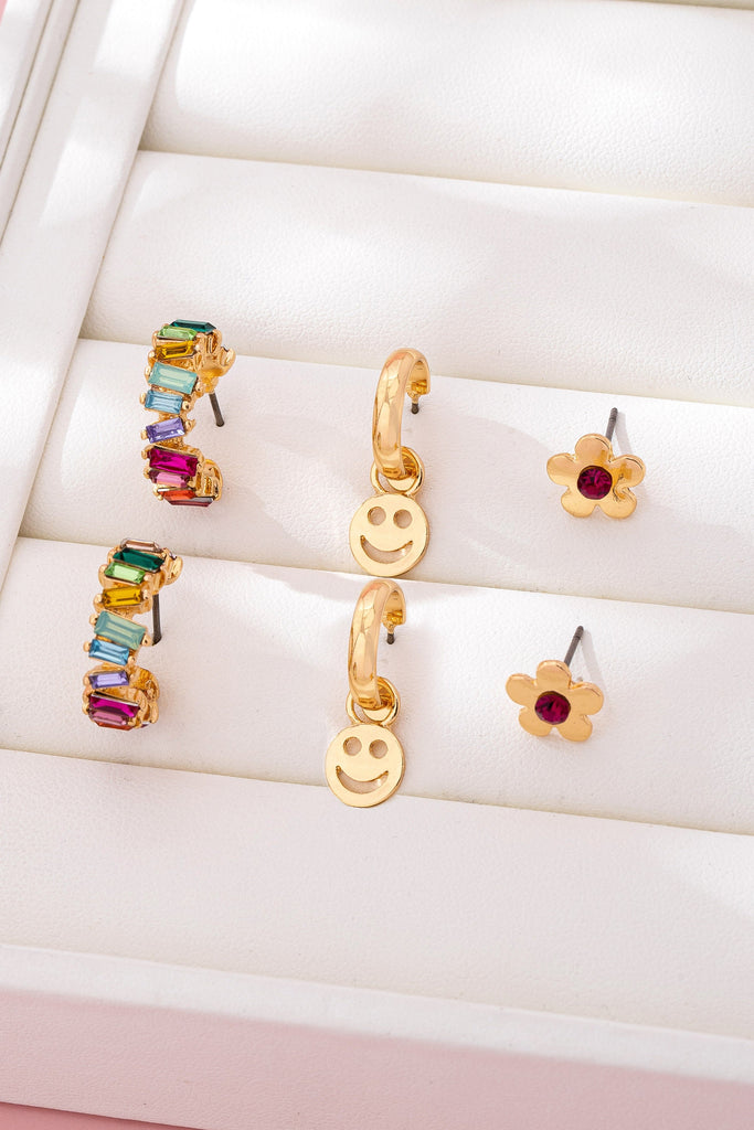 Rainbow Crystal, Smiley, and Floral Trio Earrings | 80E62109
