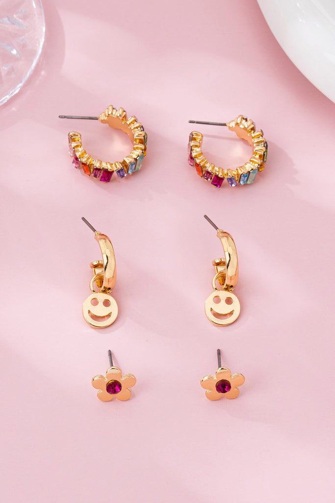 Rainbow Crystal, Smiley, and Floral Trio Earrings | 80E62109