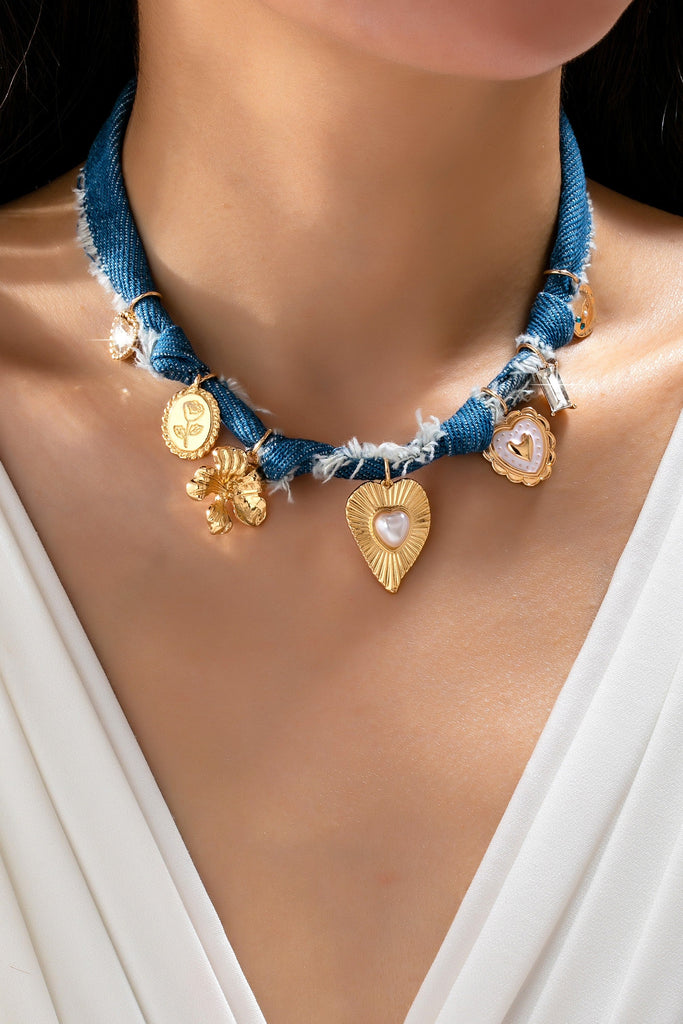 Distressed Denim Heart Floral Charm Necklace | 80N92861