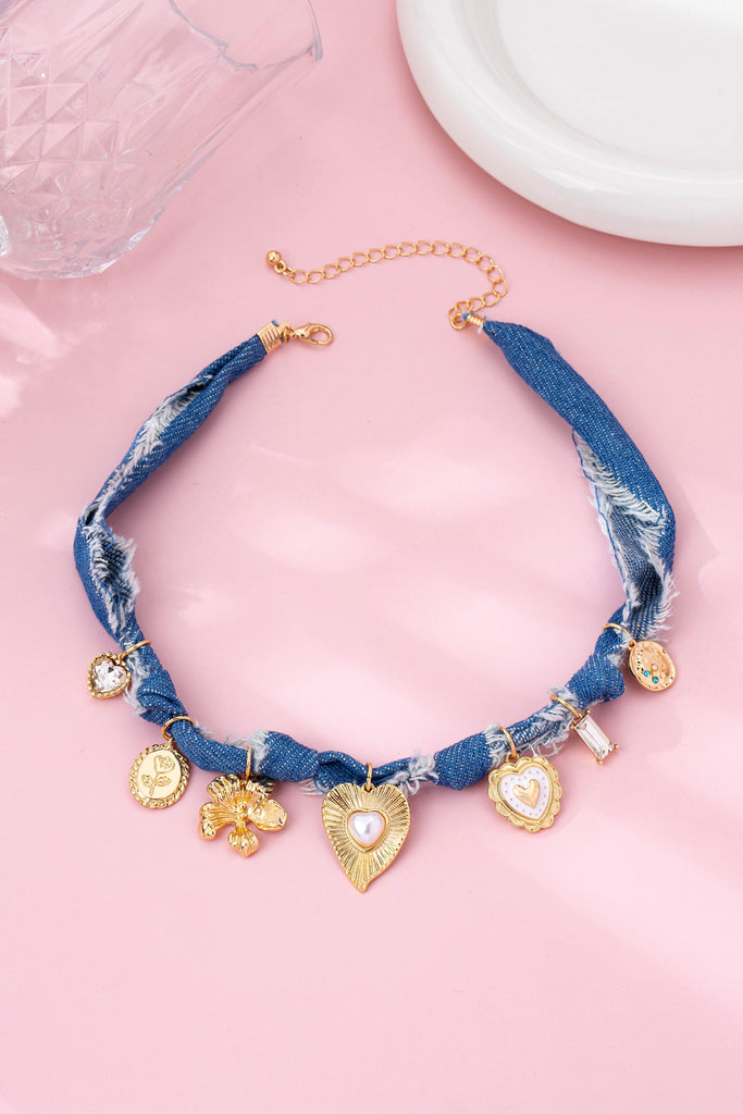 Distressed Denim Heart Floral Charm Necklace | 80N92861
