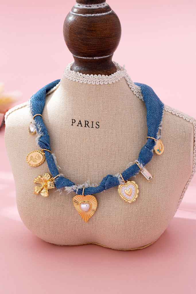 Distressed Denim Heart Floral Charm Necklace | 80N92861