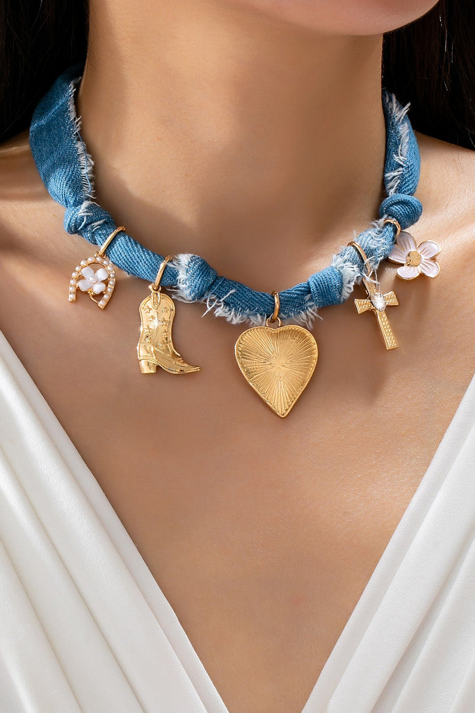 Western Denim Cowboy Boot & Cross Charm Necklace | 80N92859