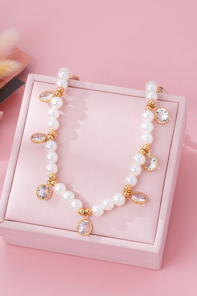 Crystal Drop Charm Pearl Station Necklace | 80N92862