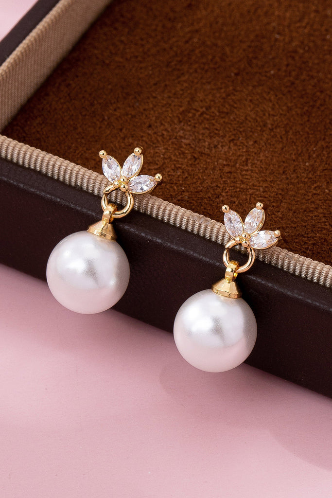CZ Crystal Floral Pearl Drop Earrings | 80E61986