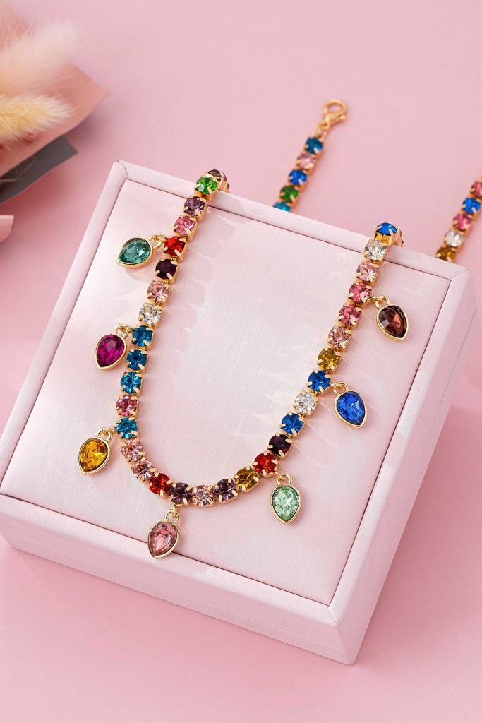 Multicolor Glass Crystal Tennis Teardrop Necklace | 80N92890