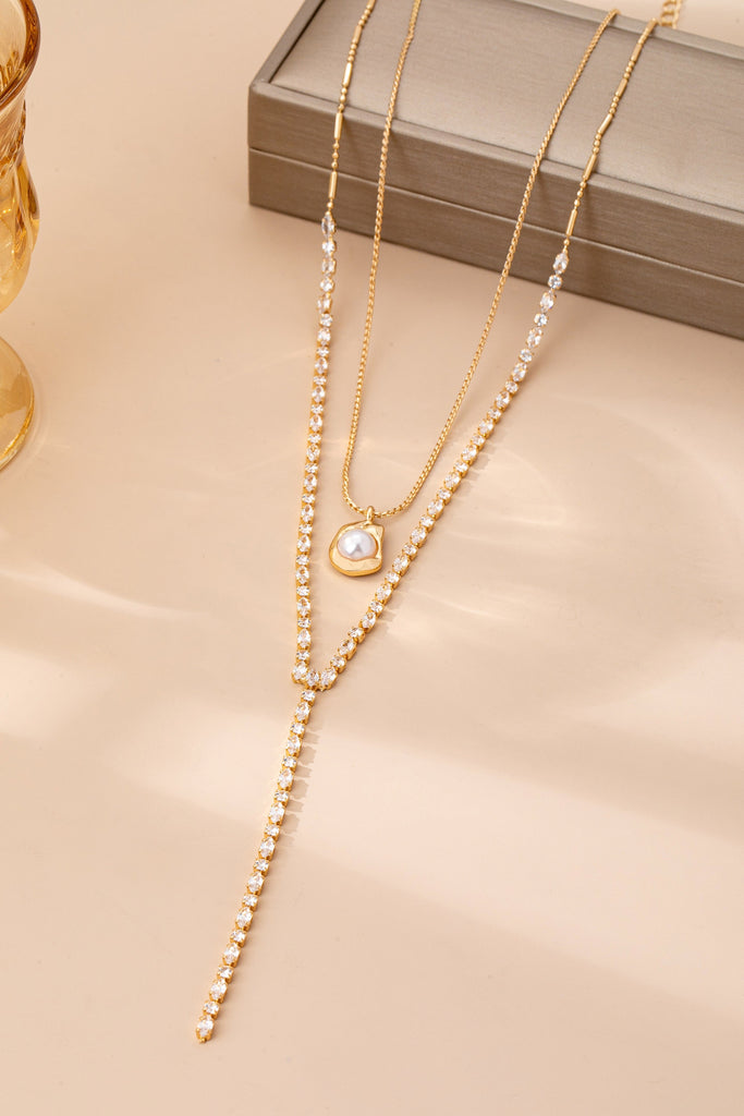 Layered Y Pearl and CZ Crystal Necklace | 80N92885
