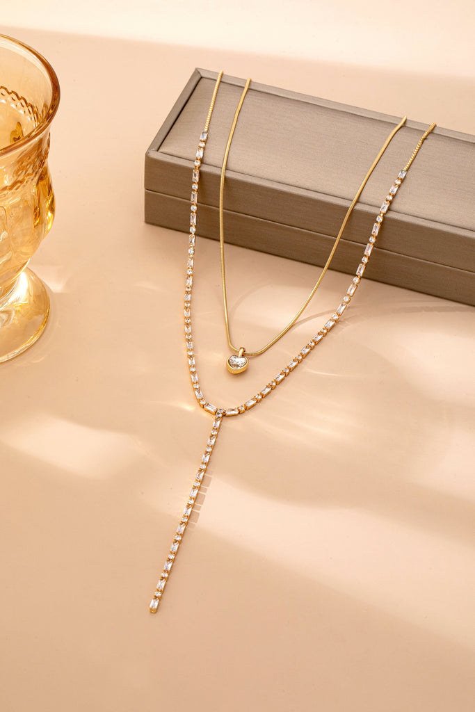Layered Y Heart and Baguette CZ Crystal Necklace | 80N92886