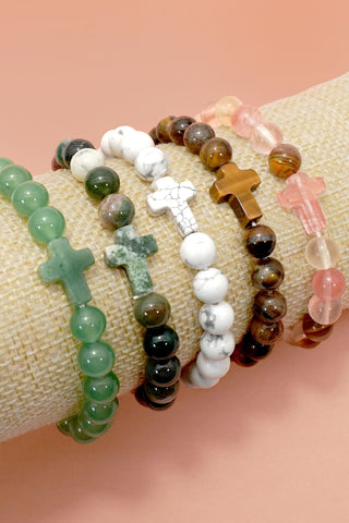 Boho Natural Stone Cross Charm Beaded Bracelet | 40B5248