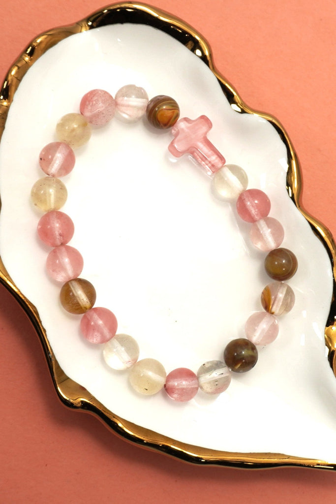 Boho Natural Stone Cross Charm Beaded Bracelet | 40B5248