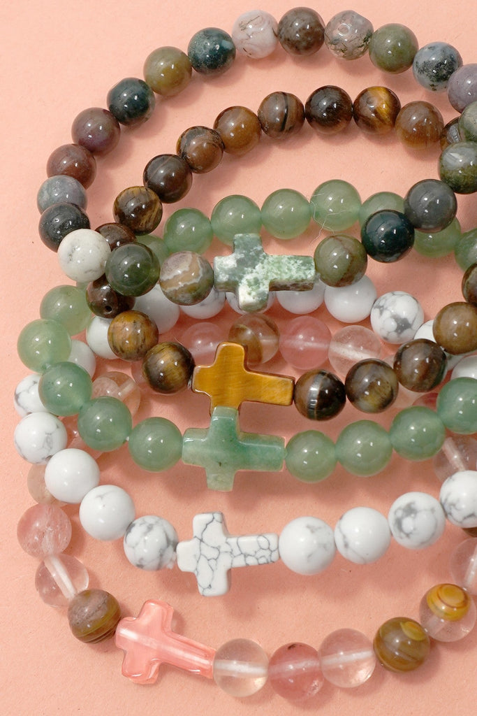 Boho Natural Stone Cross Charm Beaded Bracelet | 40B5248