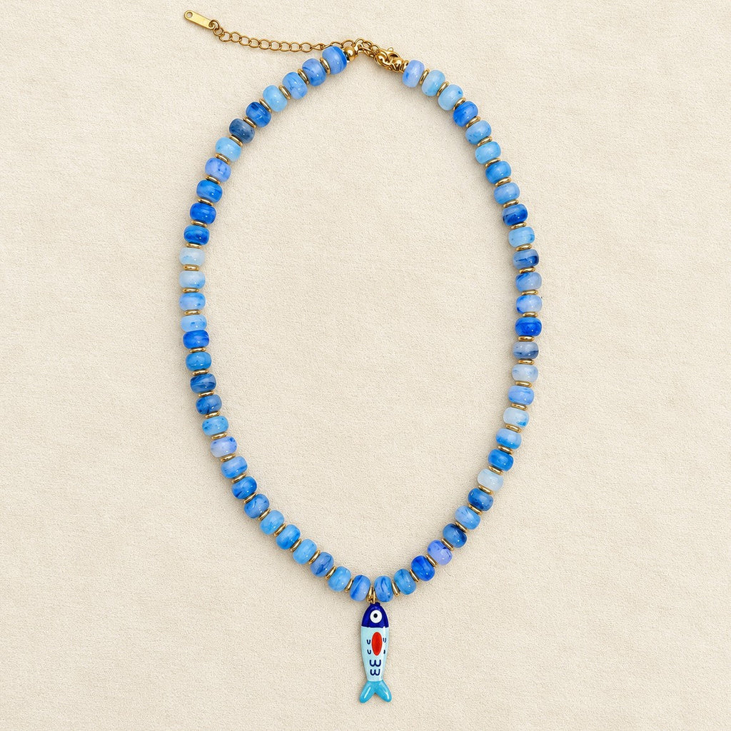 Resin Bead & Enamel Fish Charm Strand Necklace | 40NK9808