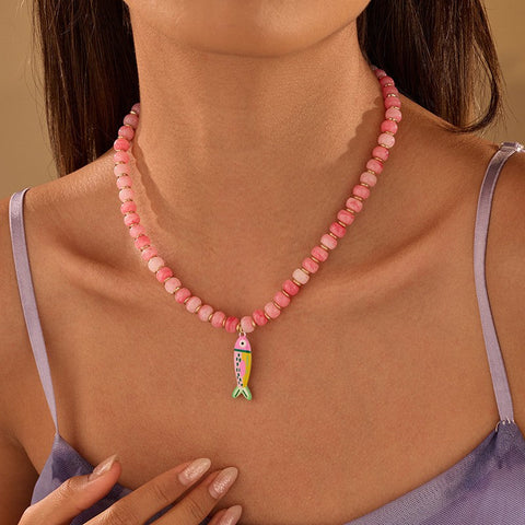Resin Bead & Enamel Fish Charm Strand Necklace | 40NK9808