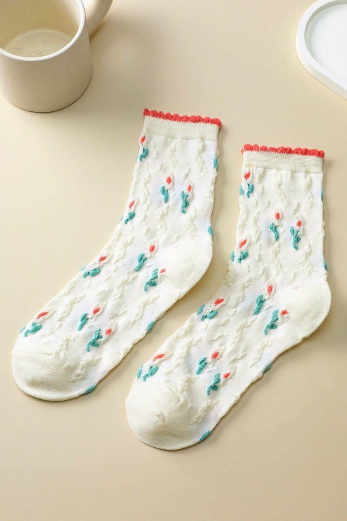 Woman Embroidered Texture Crew Sock | 40S02085