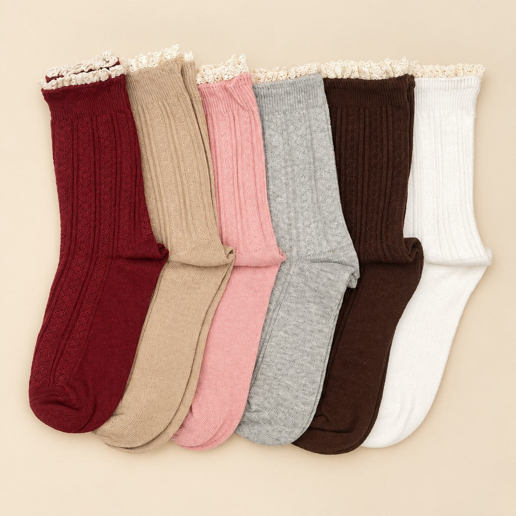 Vintage Lace Trim Cable Knit Crew Socks | 40S02101