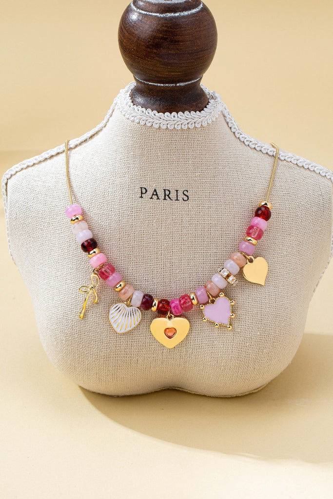 Pink Beaded Heart and Shell Charm Necklace | 80N92903