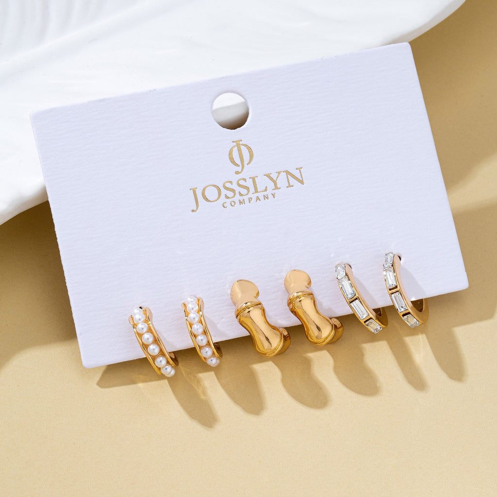 Pearl Rhinestone Multi Hoop Trio Earrings | 80E62031