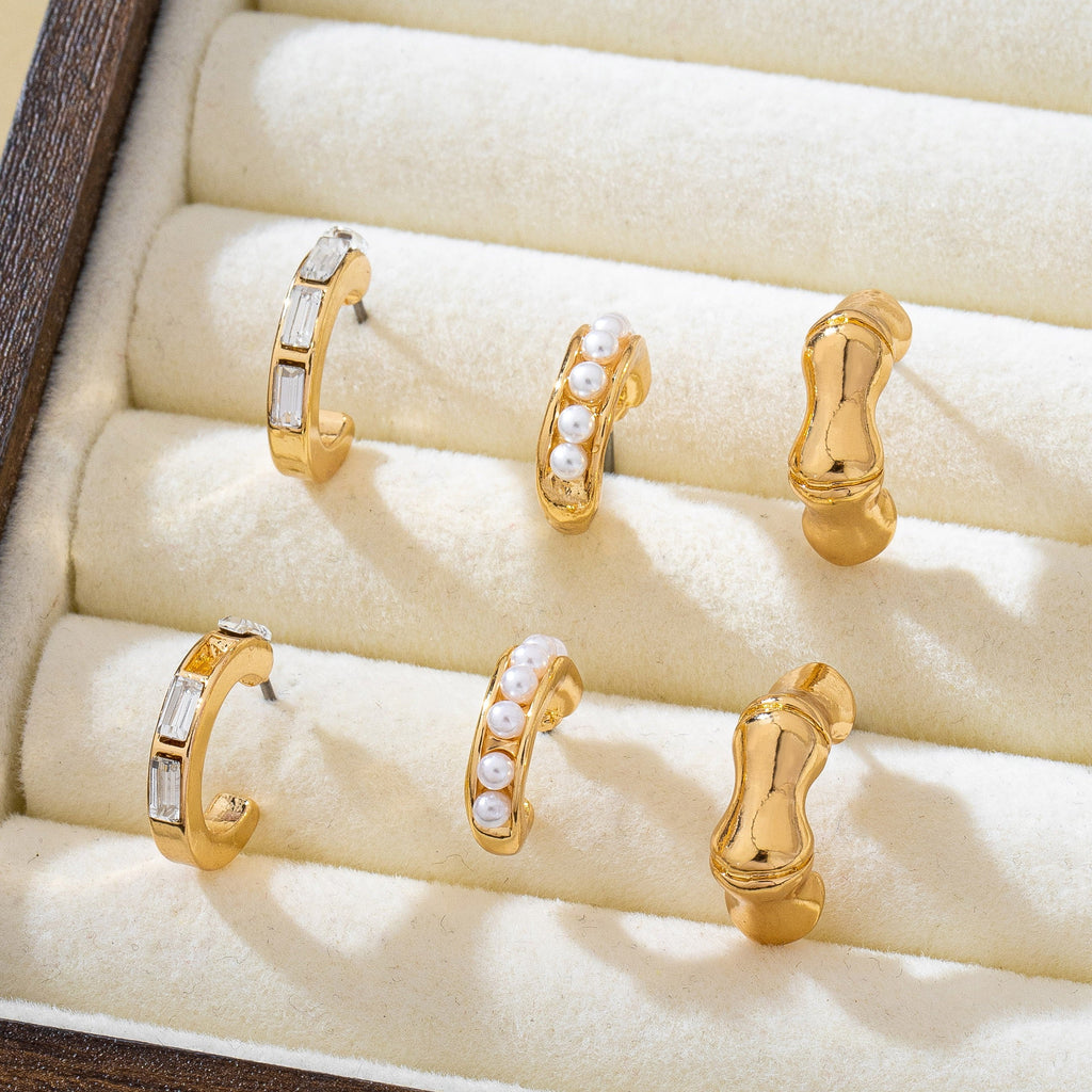 Pearl Rhinestone Multi Hoop Trio Earrings | 80E62031