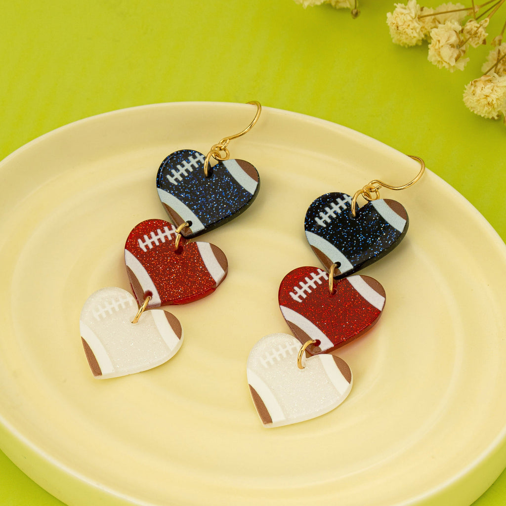 Gameday Glittery Football Heart Drop Earrings | 80E62160