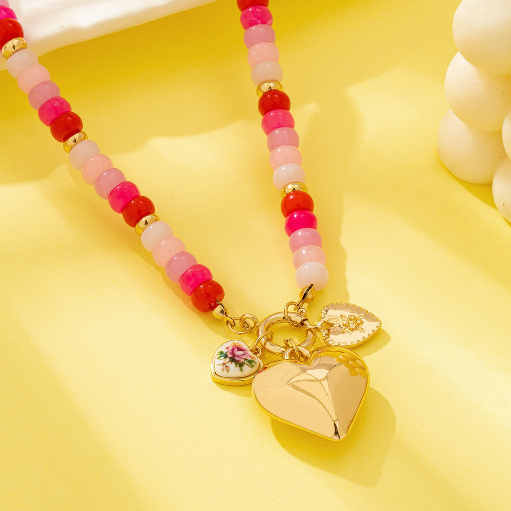 Sweetheart Beaded Porcelain Heart Charm Necklaces | 80N93023