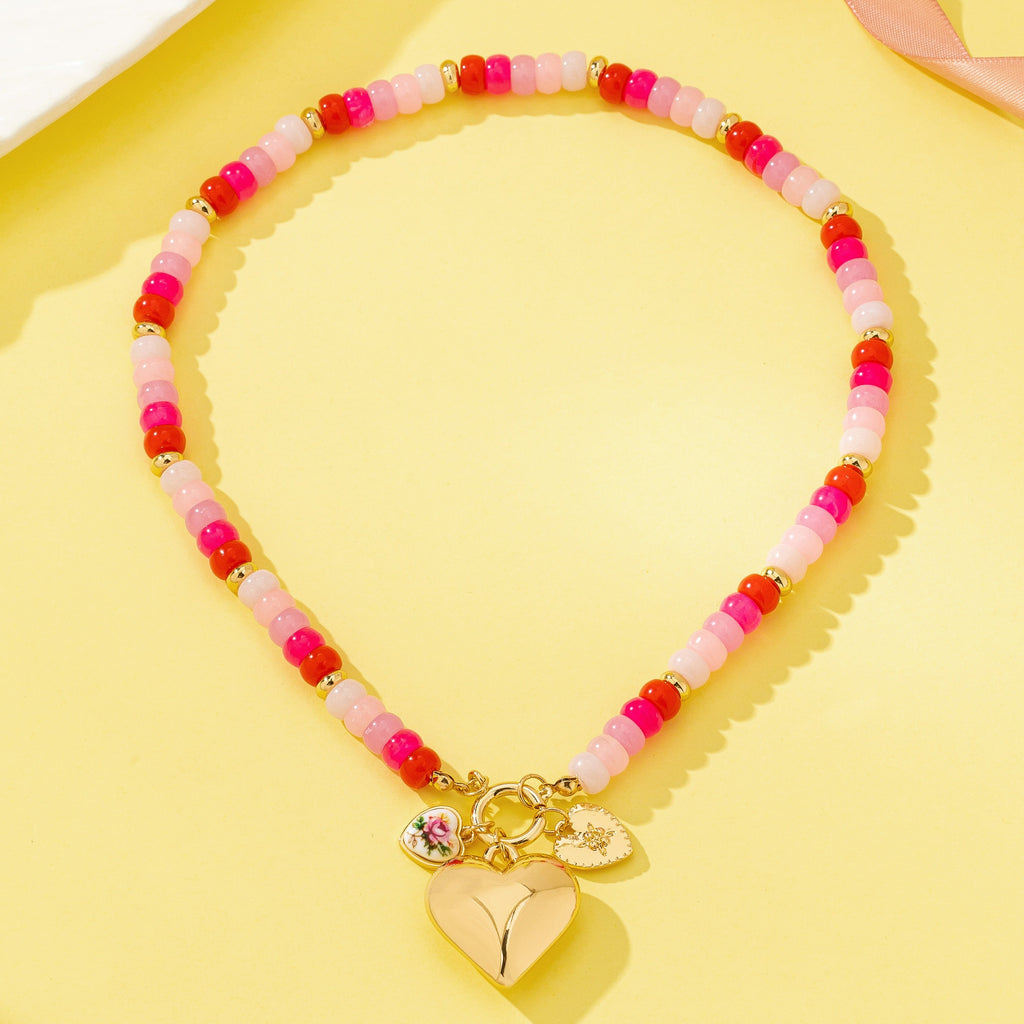 Sweetheart Beaded Porcelain Heart Charm Necklaces | 80N93023