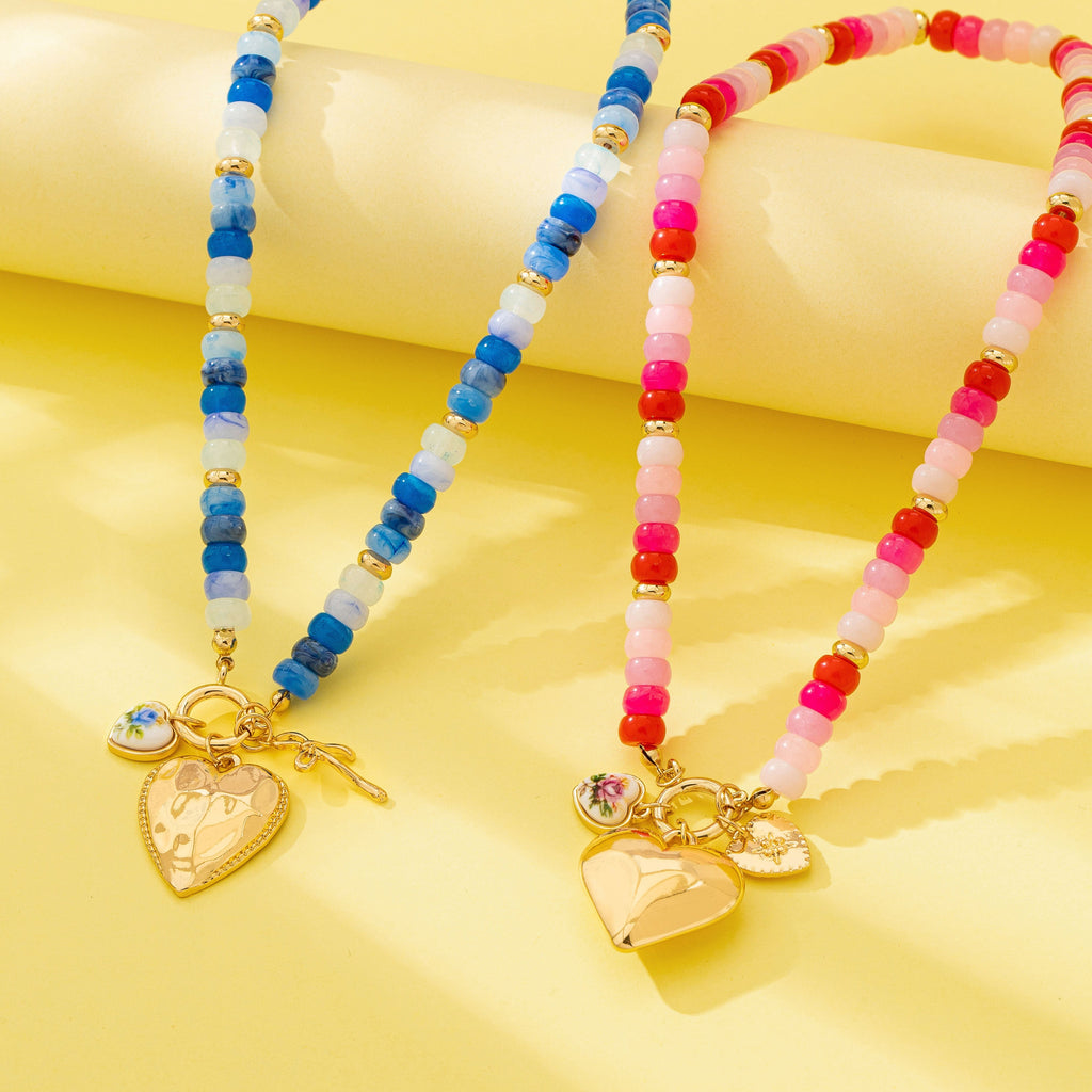 Sweetheart Beaded Porcelain Heart Charm Necklaces | 80N93023