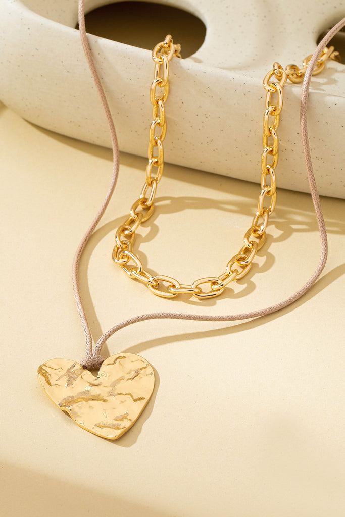 Hammered Heart Layered Cord Landyard Necklace | 80N93001