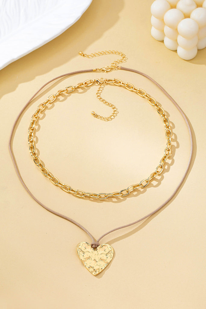 Hammered Heart Layered Cord Landyard Necklace | 80N93001