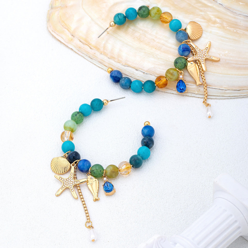 Ocean-Inspired Beaded Charm Hoop Earrings | 80E62144